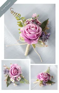 Detailed view of handmade lilac rose boutonniere with realistic green leaves and berries