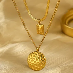 Stainless Steel Layered Necklace With Hammered Round And Checkered Square Geometric Pendants For Women