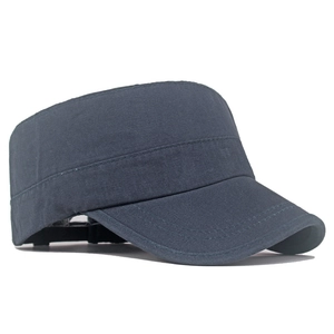 Detail of dark grey cotton flat top army cap showing reinforced stitching and twill fabric