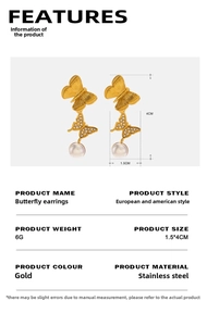 Detail view of gold butterfly drop earrings with pearls and dimensions 1.5x4cm