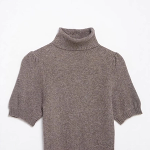 Elegant mocha brown short sleeve knit mini dress with high collar and wool texture