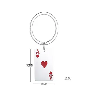 Creative Ace of Hearts playing card keychain in silver metal with red enamel details