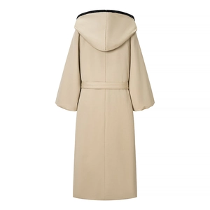 Beige long hooded coat for women featuring a stylish waist belt and drop shoulders back view