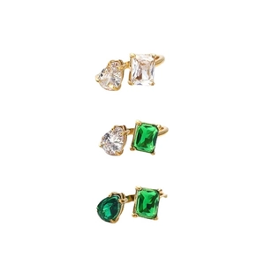 18k gold plated open ring with square and teardrop zircon crystals in white and green
