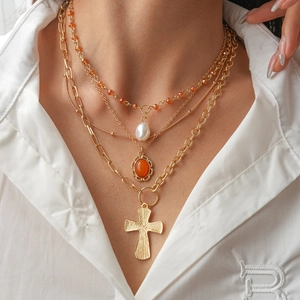 Collana Multistrato Lega Ferro Pendente Croce Gemma Vetro Arancione Ovale Perla Artificial Imitazione Bohemien Retrò Per Donna