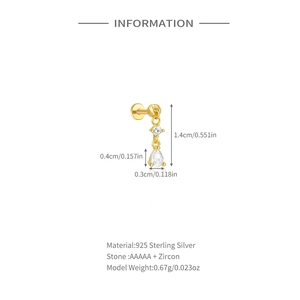 Détail macro du clou d'oreille en argent 925 avec zircon AAAAA et ses dimensions
