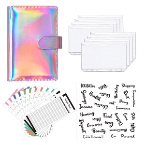 Detailed holographic A6 budget binder set with clear zipper pouches and labels