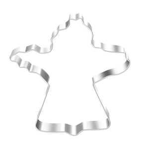 Close-up of angel shaped stainless steel cookie cutter tool with a polished metal finish