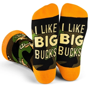 Detail of cotton crew socks with camouflage pattern and I LIKE BIG BUCKS text on the sole