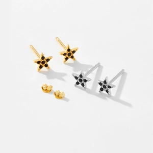 Macro shot of silver and gold star earrings with black zircon center and matching backings