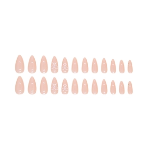 24pcs pink almond press-on nails with cute white bow designs and small rhinestones