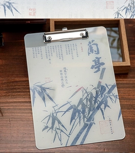 Detail of A4 acrylic clipboard featuring elegant bamboo shadows and calligraphy pattern