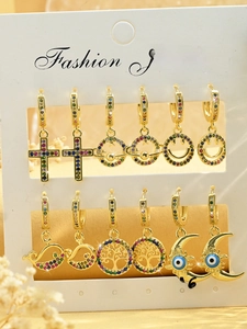 Detailed set of six gold-plated earrings with colorful zircon cross and tree of life motifs