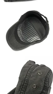 Detail view of cotton military flat cap featuring metal eyelets and inner support