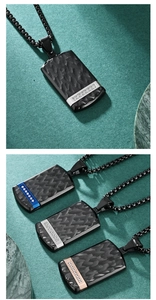 Three men's military tag necklaces in black carbon fiber with blue, silver and gold accents