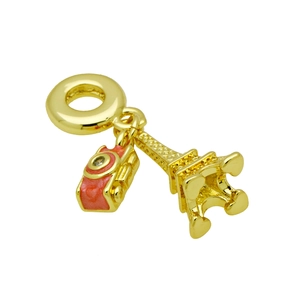 Gold Eiffel Tower and pink camera pendant charm with sparkling crystal for bracelets