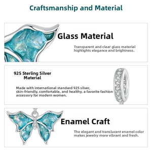 Detailed view of S925 sterling silver blue butterfly charm with sparkling pavé crystals