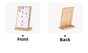 Front and back detail of a bamboo L-shaped necklace display stand with multiple side notches