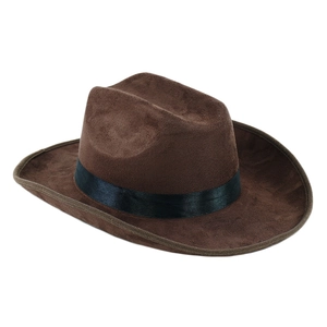 Brown faux suede western cowboy hat with black decorative band and wide brim for parties