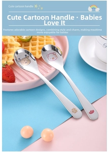 Detailed view of 304 stainless steel baby spoons with cartoon giraffe and bear prints