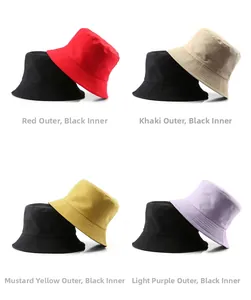 Four colors of double-sided cotton bucket hats in red, khaki, yellow, and purple with black
