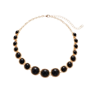 Retro golden necklace with round black resin circular geometric charms and adjustable chain