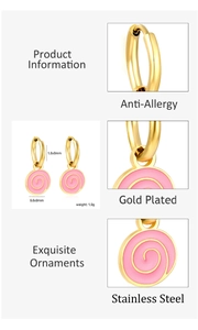 Detailed view of 18K gold plated stainless steel earring with pink spiral enamel charm