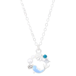 Collier en argent avec dauphin en émail bleu pendentif coquillage et perle ronde