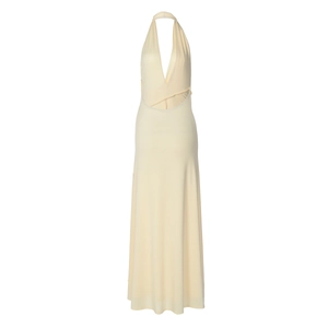 Detail of the plunging V-neckline and ruched texture on this cream backless maxi dress