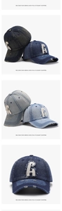 Detail of vintage washed denim baseball cap with 3D letter embroidery and frayed edges