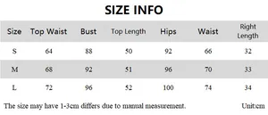Detailed clothing size chart with measurements for striped top and mini skirt set
