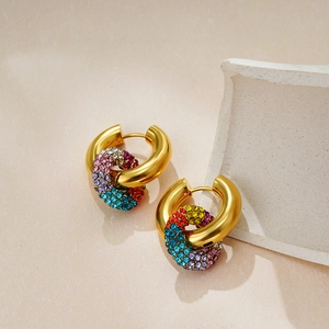 Chic 18K gold plated stainless steel thick hoop earrings with rainbow rhinestone circles