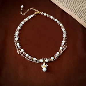 Double Layer Necklace With Imitation Artificial Pearl Crystal And Cubic Zirconia Flower Pendant French Vintage Style For Women