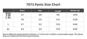 Tabla de tallas para pantalones de pana con medidas de cintura, cadera, largo y peso