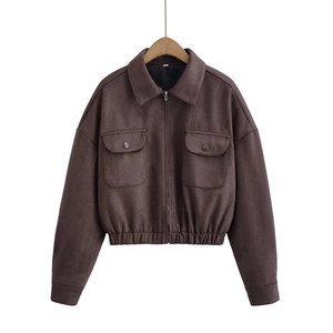 Fashionable dark brown suede bomber jacket with lapel collar and zip-up chest pockets