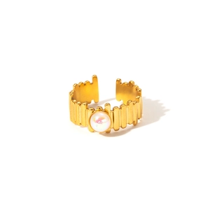 Vintage 18K gold plated titanium ring featuring a round opal stone and ribbed metal band