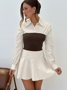 Striped Long Sleeve Lapel Shirt Knitted Corset Waist Seal And Pleated Mini Skirt Elegant Fashion Women