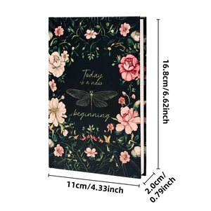Vintage black floral hardcover notebook with dragonfly design and dimensions measurements