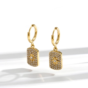 Elegant gold titanium steel square hoop earrings with micro-inlaid zircon star pendant