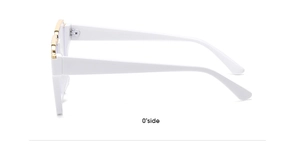 Detailed 0-degree side view of white square frame glasses with elegant gold metal hinges