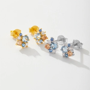 Detail of S925 sterling silver flower cluster earrings with multicolor zircon stones