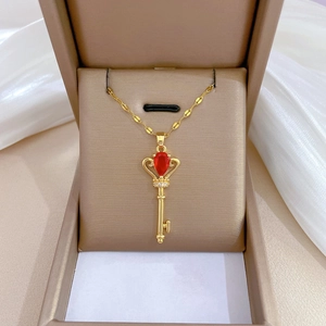 Key Pendant Necklace Crown Red Water Drop Gemstone Gold Titanium Steel Chain Copper Micro Inlay Clavicle For Women