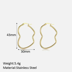 Detail showing 43mm stainless steel heart hoop earrings with dimensions and weight info