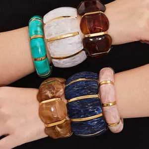 Bracciale Rigido Largo In Resina Con Trama Marmorea E Distanziatori In Acciaio Inossidabile Gioielli Elastici Per Donna