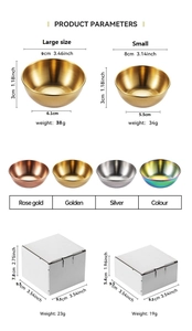 Detailed size chart for stainless steel sauce dishes in small and large dimensions