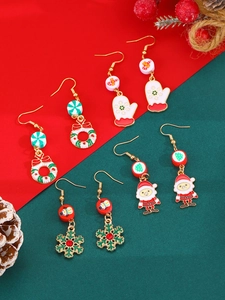 5-pair Christmas earring set with Santa, snowflake, and wreath motifs on festive background