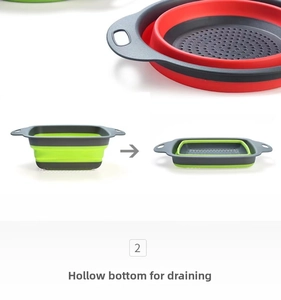 Macro detail of foldable silicone colanders with hollow bottom drainage and compact storage