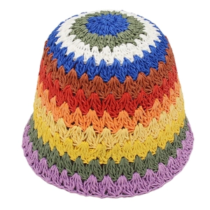 Chapeau Cloche Crochet Fait Main Ethnique Arc En Ciel Paille Tissé Été Protection Solaire Plage Voyage Pour Femmes