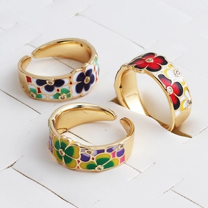 Anillos de flores dorados ajustables con esmalte colorido y brillantes de strass