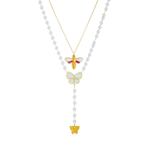 Retro gold plated double layer necklace with pearl chain and butterfly bee pendants